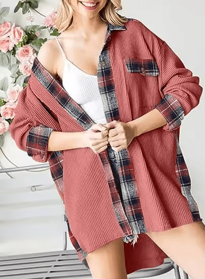 Damsel™ Plaid Waffle Patchwork Shacket