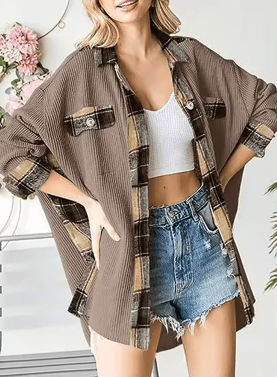 Damsel™ Plaid Waffle Patchwork Shacket