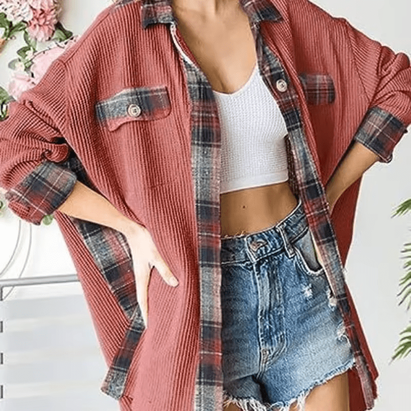 Damsel™ Plaid Waffle Patchwork Shacket