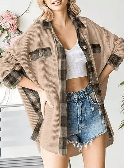 Damsel™ Plaid Waffle Patchwork Shacket